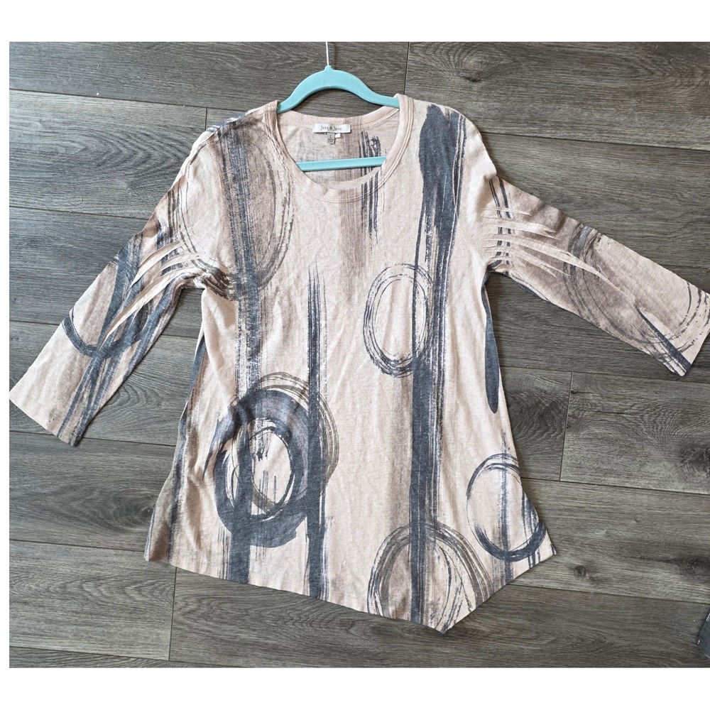 Jess & Jane Womens Large Tunic Top Beige Abstract Asymmetrical Sharkbite LG3-000